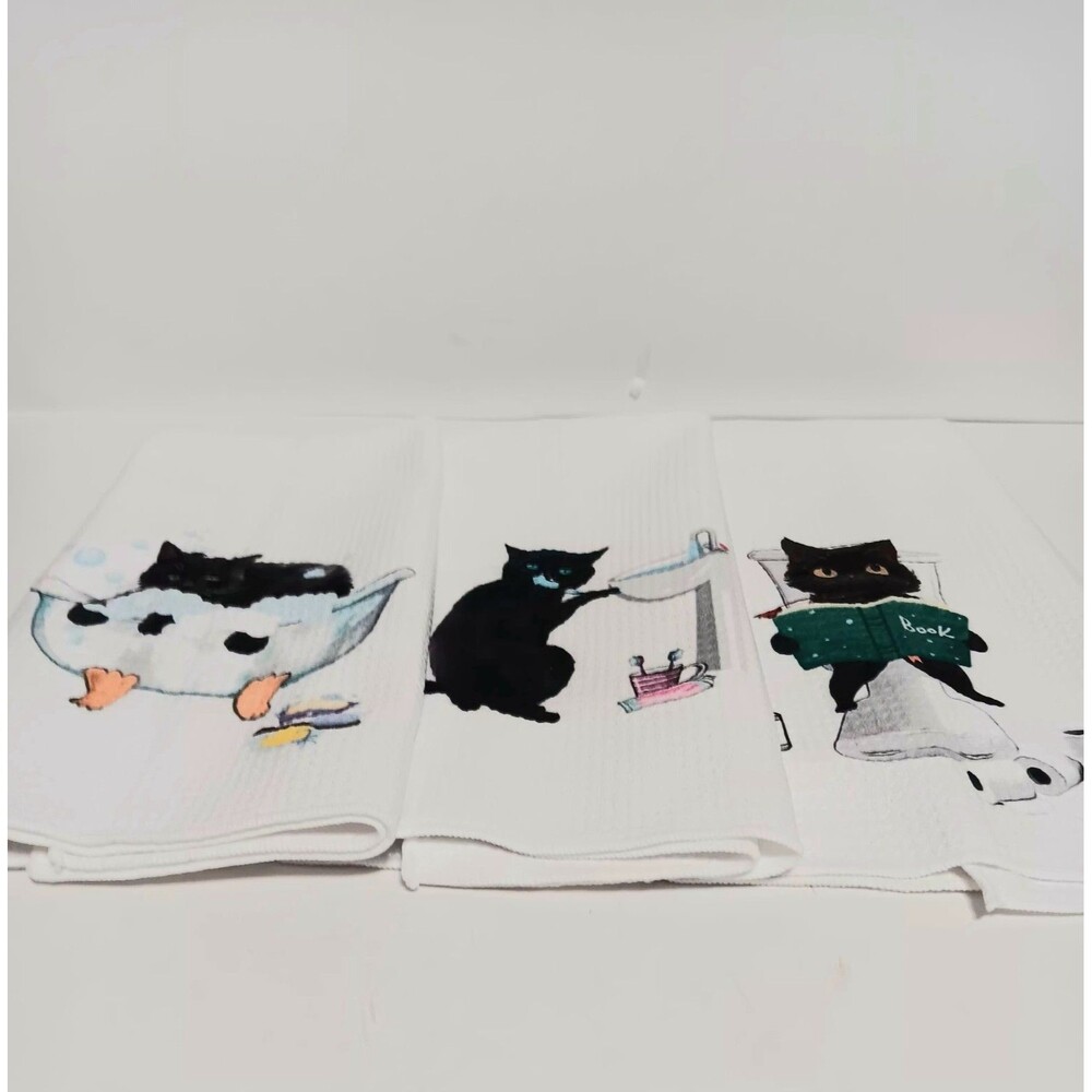 Hand White Towels Cat Themed Lot of 3 23"×16"